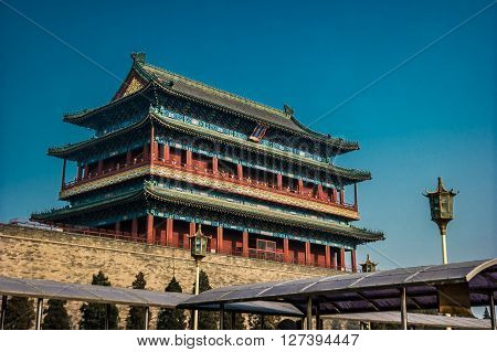 Beijing, China at the Zhengyangmen Gatehouse in Tiananmen Square. Beautiful historical building at sunset.