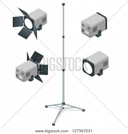 Spotlights realistic transparent background for show contest or interview vector illustration. White studio with spotlight. Flat 3d vector isometric illustration