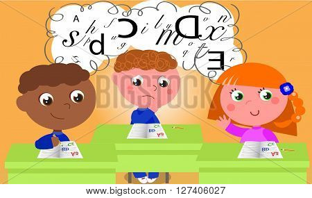 Dyslexic boy in school class. Vector illustration.