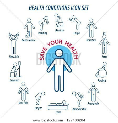 Health conditions icons and diseases signs. Vector illustration