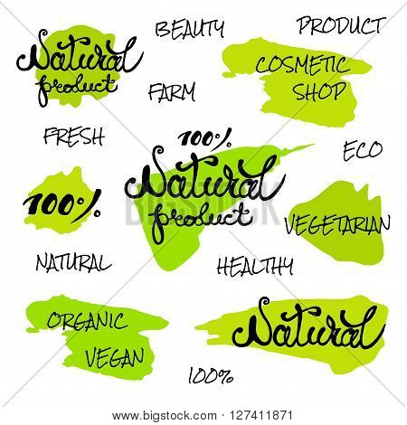 Vector handwritten words. Natural product eco organic freshnatural. Green strokes decorative . Isolated on white background illustration
