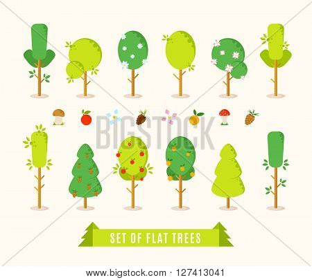 Set of flat different trees. Green trees vector illustration in trendy flat style. Including elements for your design: mushrooms apple orange flowers pinecone