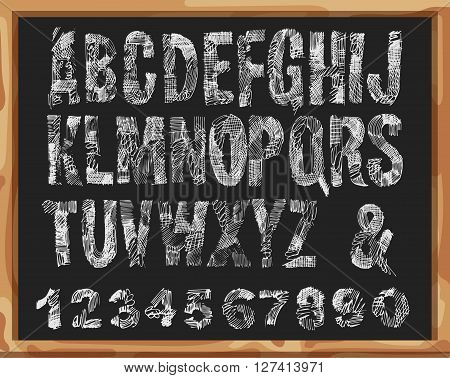 Handdrawn Font. Alphabet and Numbers with Grunge Lines and Strokes. Vector Scribble design. Isolated On School Desk Background