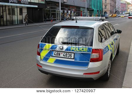 Prague Czech Republic - April 22 2016: Skoda Octavia Police Car Parked on the Street in Prague (rear view) Nobody in vehicles