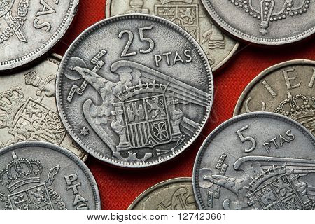 Coins of Spain. Coat of arms of Spain under Franco depicted in the Spanish 25 peseta coin (1957).