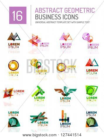 Abstract geometric business logo icon set. Colorful geometrical figure compositions with light effects - triangles circles rings arrows lines