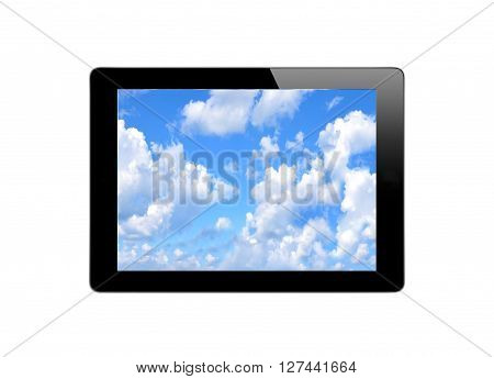 Digital tablet with blue sky on screen isolated on white background