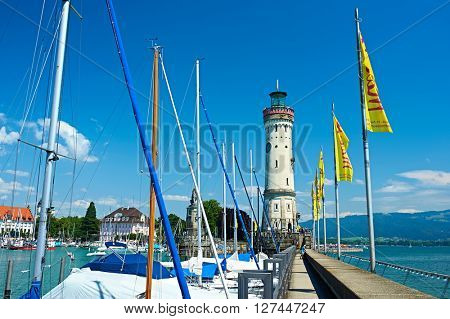 LINDAU, GERMANY - JUNE 11: Lighthouse at port of Lindau harbour, Lake Constance, Bavaria, June 11 2014 in Lindau, Germany