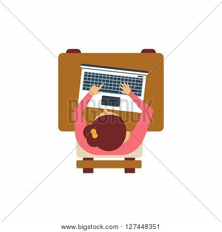 Female Student With Lap Top From Above Flat Isolated Primitive Style Design Vector Illustration On White Background