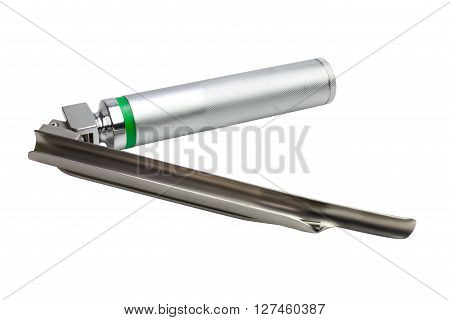 Laryngoscope with Miller blades on white background.