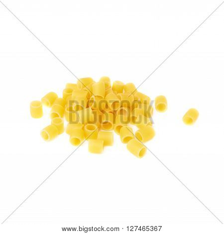 Pile of dry ditalini yellow pasta over isolated white background