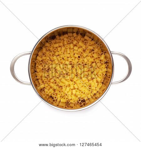Metal pan filled with dry ditalini yellow pasta over isolated white background