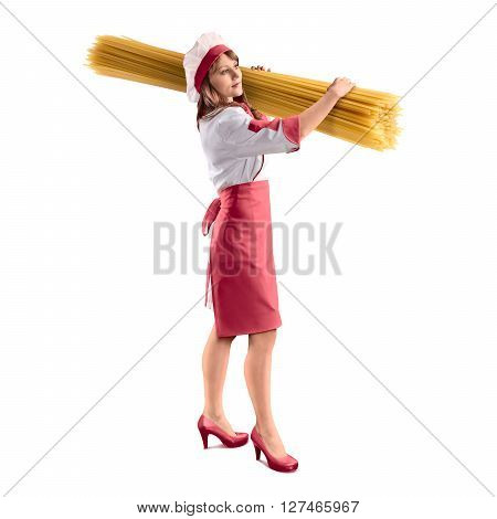 cook girl with large delicious spaghetti on white isolated background