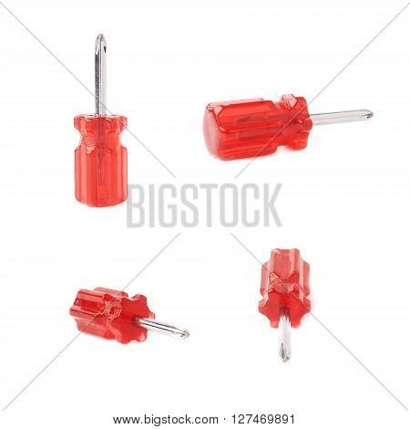 Set of cruciform screwdriver with the red handle isolated over white background, different foreshortenings