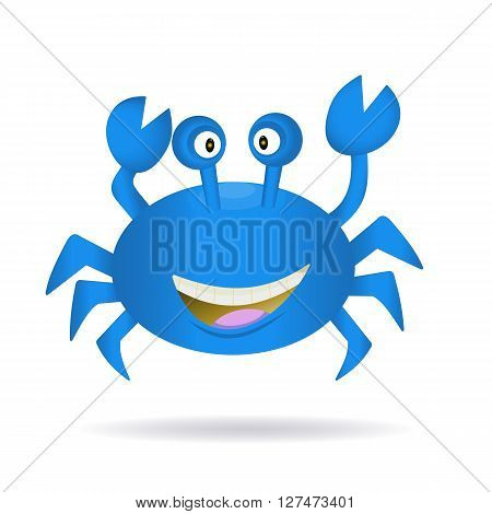 Cute hand drawn blue crab isolated on a white background with shadow. Tropical sea life graphic design elements. Summer icon. Colorful vector cartoon illustration.