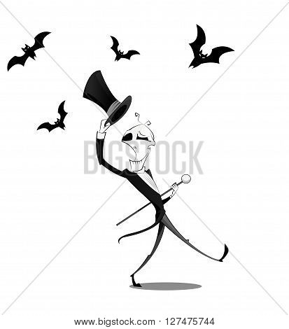 Fun character dancing skeletons with cane and cylinder. Halloween cartoon concept. Layered vector illustration