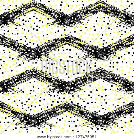 Black yellow and white seamless pattern with ink grungy lines and dots. Artistic monochrome abstract background with confetti . Vector illustration.