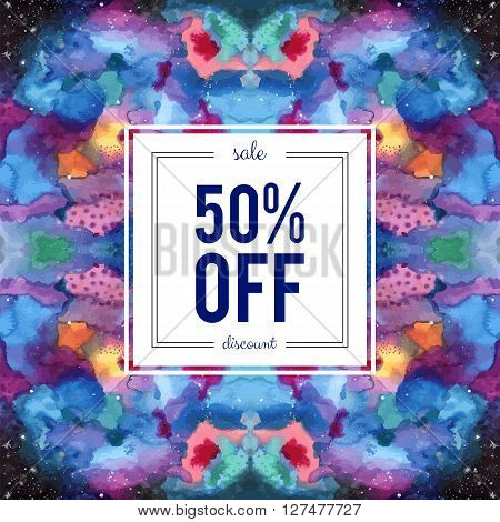 Sale 50 percent off discount sign on abstract cosmic kaleidoscope watercolor background. Seamless Galaxy pattern in the swatches panel. Indigo pink purple violet yellow blue vector template.