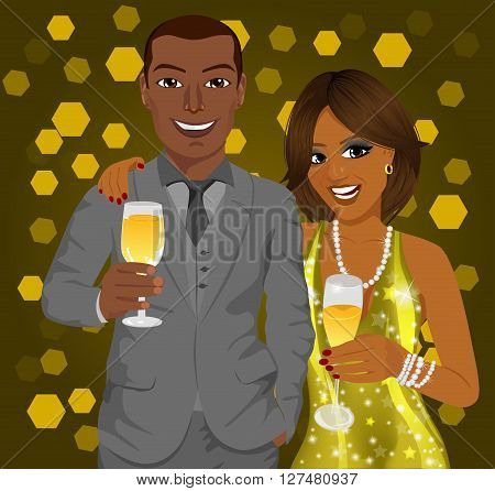 Corporate party. African american business man and elegant woman celebrate with wine glasses in their hands