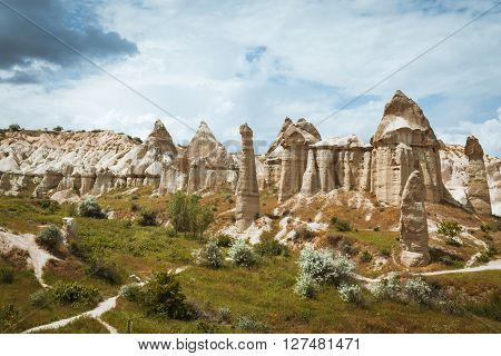 Rock formations in Love Valley of Cappadocia Turkey