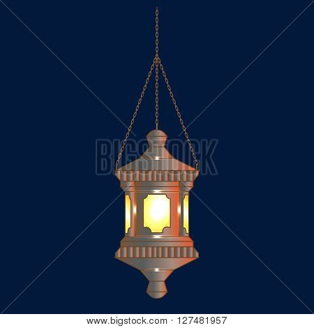 old street lamppost on chains on a dark blue background