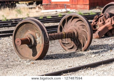 East Ely, Nevada,USA. 11th May 2015 Wheelset at Nevada Northern Railway Museum