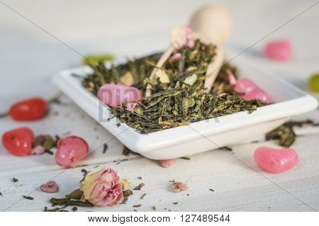 The leaves of green tea on the saucer.