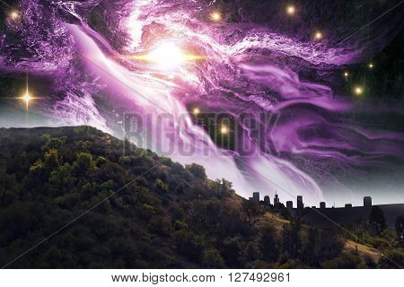Beautiful mountain starscape and Los Angeles skyline