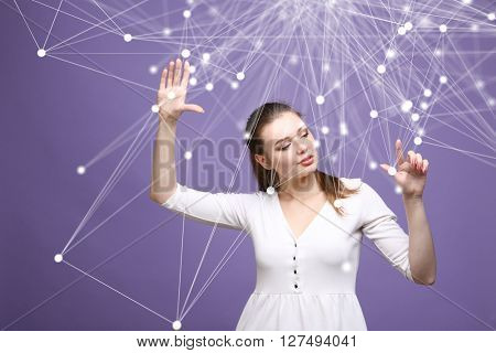 Global network concept, woman working with futuristic computer interface.