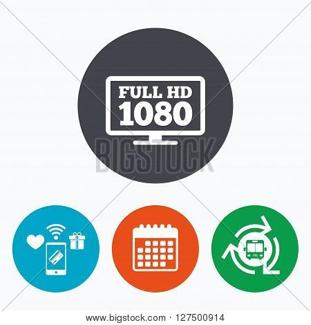 Full hd widescreen tv sign icon. 1080p symbol. Mobile payments, calendar and wifi icons. Bus shuttle.