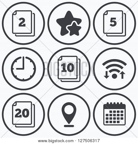 Clock, wifi and stars icons. In pack sheets icons. Quantity per package symbols. 2, 5, 10 and 20 paper units in the pack signs. Calendar symbol.