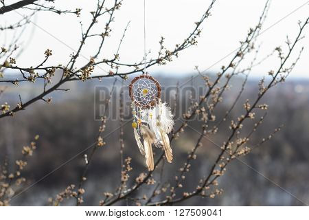 Handmade native american dream catcher on background of rocks and lake. Tribal elements feathers
** Note: Visible grain at 100%, best at smaller sizes