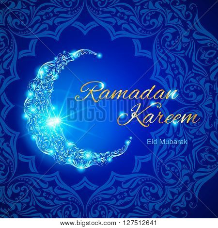 Glowing ornate crescent with bright flare and asian floral ornament in background. Illustration in blue shades. Greeting card of holy Muslim month Ramadan