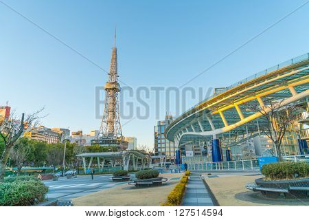 NAGOYA, JAPAN - FEB 07: Oasis 21 in Nagoya, Japan on FEB 07, 2016. A shopping complex nearby Nagoya Tower, its large oval glass roof structure floats above ground level