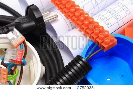 Components for use in electrical installations and rolls of electrical diagrams copper wire connections in electrical box energy concept