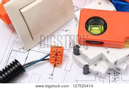 Components for use in electrical installations and electrical diagrams accessories for engineering work energy concept