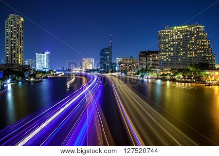 Light Effects Over Time After Sunset On Chao Phraya River In Bangkok City, Thailand.