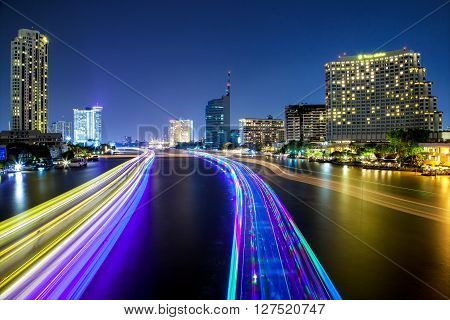 Light Effects Over Time After Sunset On Chao Phraya River In Bangkok City, Thailand.
