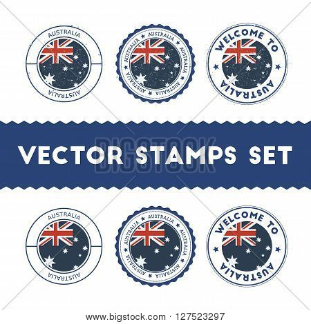Australian Flag Rubber Stamps Set. National Flags Grunge Stamps. Country Round Badges Collection.