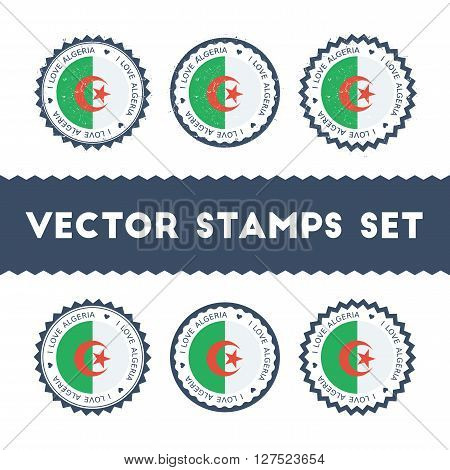 I Love Algeria Vector Stamps Set. Retro Patriotic Country Flag Badges. National Flags Vintage Round