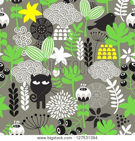Spring time seamless pattern with cute hunter cat and bird. Vector repeated background.