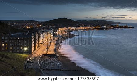 Aberystwyth Promenade, on the west coast of Wales, at dusk, with a slow shutter speed