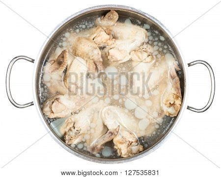 Stewpan With Cold Boiled Chicken Wings In Broth