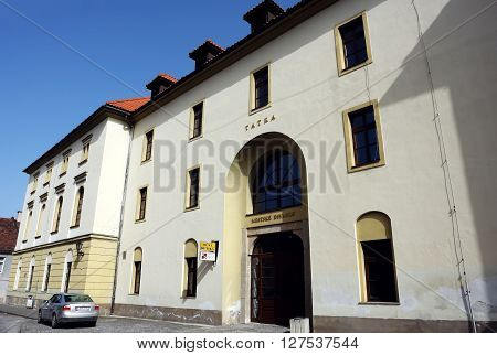 Levoca PRESOV SLOVAKIA - APRIL 03 2016: View on the old building of theatre in historical center of Levoca Slovakia.