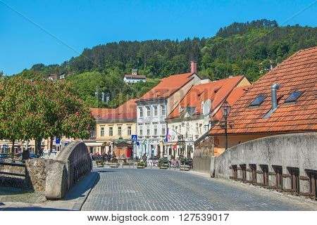 Samobor, Croatia - April 26nd, 2016: Old bridge in the center of town of Samobor, northern Croatia