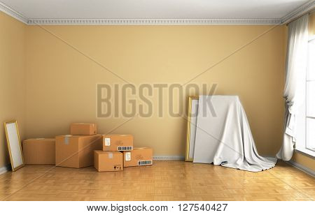 Concept of moving. Box Cardboard Boxes on the floor against a white wall Shipping. 3d illustraton
