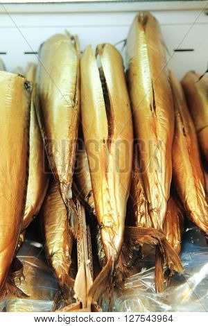 smocked norvegian fish mackerel on plate on market