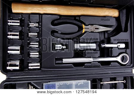 toolbox set of tools include hammer wrench bit driver pliers hex key bush level hex key