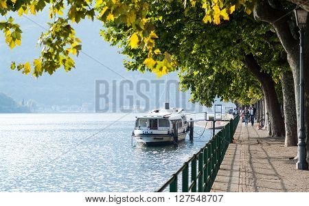 Lecco, Italy - September 1st 2015: Boat Dalia parked near Lecco Italy photographed on September 1st 2015.