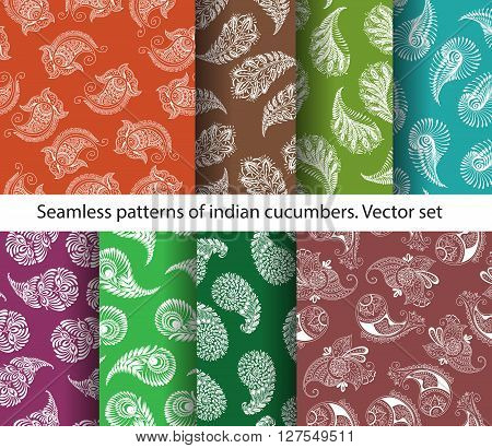 Vector set of seamless colorful indian cucumbers patterns. Stock mehndi illustration for design